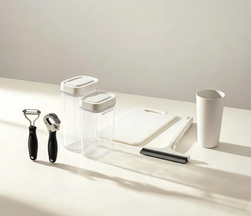 OXO kitchen tools and storage containers arranged as a modern design still life